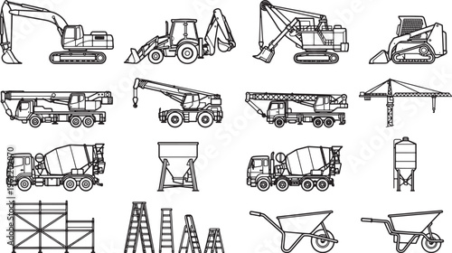 Detailed outline drawings of various construction machinery, equipment, and tools, presented in a clean and organized arrangement, ideal for illustrating construction concepts.