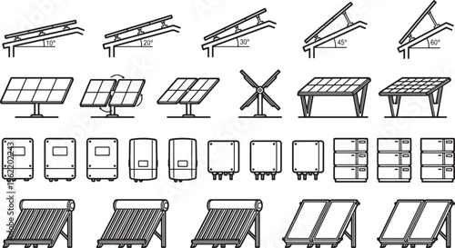 A comprehensive display of sustainable energy solutions, showcasing a variety of solar panel configurations, energy storage systems.
