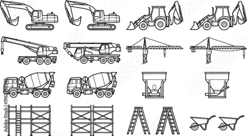 An array of construction equipment and tools is meticulously outlined against a clear backdrop. These items represent the essential components of building and creating.
