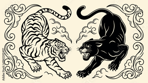 Tiger and panther aggressive illustration in vintage tattoo style featuring wild animals confrontation bold line art and decorative elements for graphic design