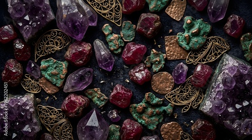 A dark surface covered with an assortment of colorful gemstones and gold jewelry