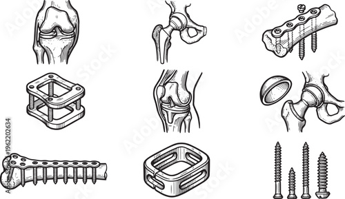 A detailed illustration shows various orthopedic implants and the human body parts they're designed for. Each piece, rendered in meticulous detail.