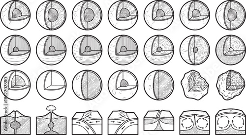An illustrative collection of earth cross-sections and geological processes, depicted with precise detail and informative diagrams.