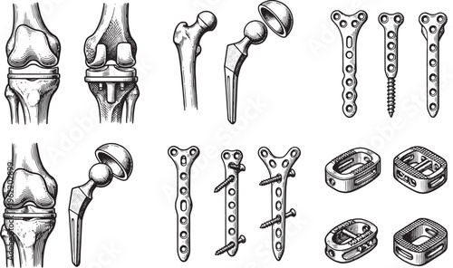 Anatomy illustration of diverse surgical joint implants, including knee, hip and spinal components, illustrating various options.
