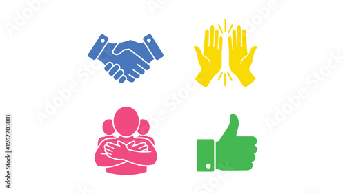 Four icons representing teamwork, celebration, diversity, and approval