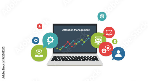 Attention Management Concept: Laptop with Data Graph, Digital Marketing & Engagement Icons for Business Strategy