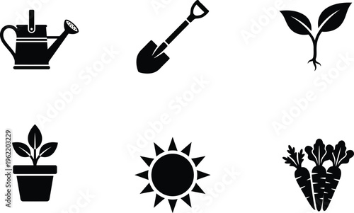 Gardening Tools and Sun Icon Set with Shovel and Nature Elements