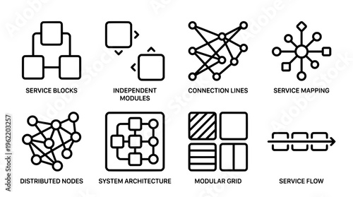 Abstract illustration of various interconnected technology system icons and diagrams