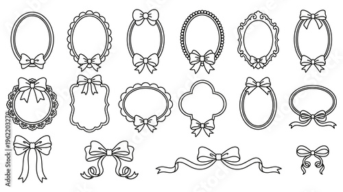 Set of decorative oval frames with bows, black outline drawing, isolated on white.