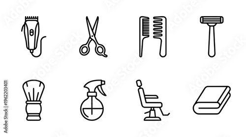 Barber shop tools and equipment outline icon set for commercial design