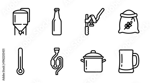 Brewing process icons fermentation tank bottle capper grain sack thermometer