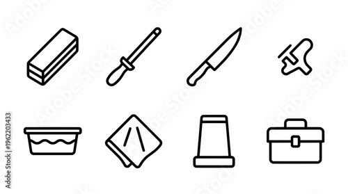 Chefs tools vector outline illustrations of kitchen utensils and equipment