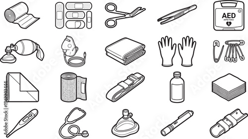 An array of essential medical equipment and first aid supplies are arranged neatly. These tools symbolize the critical care and rapid response necessary in emergency situations.