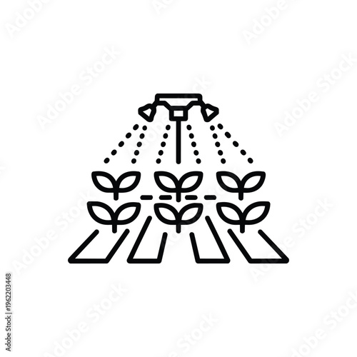 Farming irrigation icon black and white farming vector with sprinkler watering seedlings farming field illustration