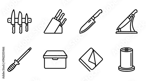 Collection of kitchen knives and accessories in outline style