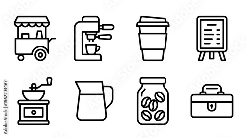 Coffee shop icons vector illustrations of cafe equipment and supplies