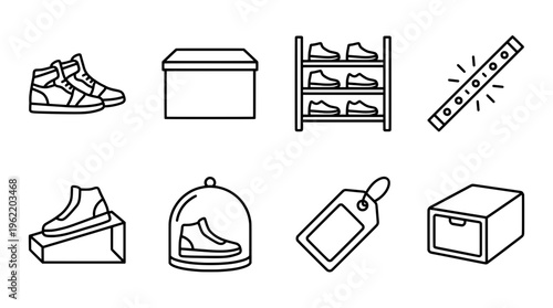 Collection of linear vector icons featuring shoes box tag and display elements