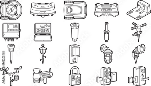 Line art featuring different gardening and lawn equipment, designed with crisp, clear lines and precise detailing for clarity. 