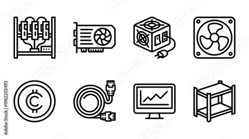 Computer hardware icons gpu psu cooling fan and cryptocurrency elements