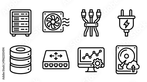 Computer hardware icons server fan cables plug database switch monitor
