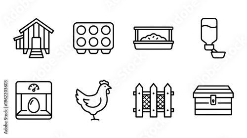 Farm icons chicken coop egg carton feeder water dispenser hen fence