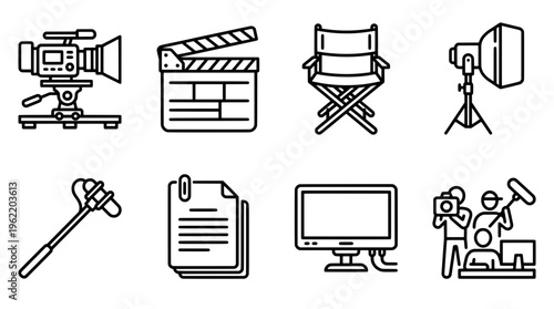 Film production equipment icons set in line style for visual media projects