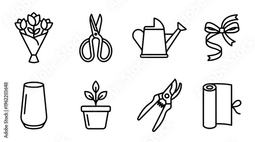 Floral arrangement tools and supplies illustrated in minimalist vector style