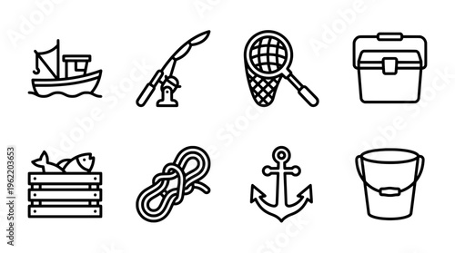 Fishing tools and equipment icons set on white background vector illustration