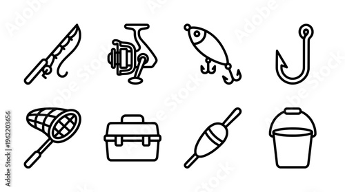 Fishing equipment vector illustrations set for outdoor recreation and angling
