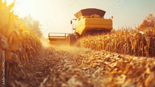 Combine harvesting corn in a sunlit agricultural field