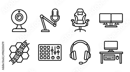 Gaming setup equipment line art icons for digital content creation