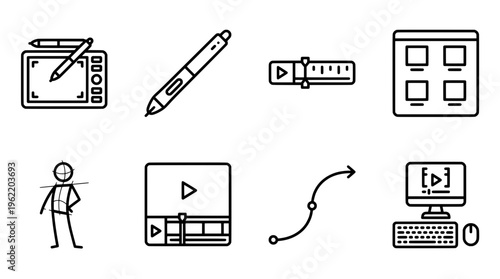 Graphic design and video editing tools isolated on a white background