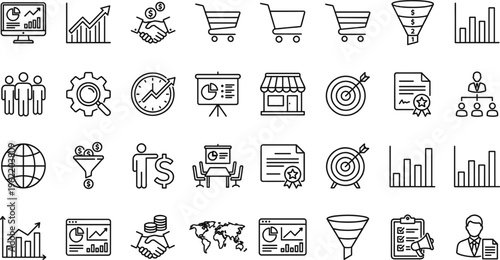 Business Strategy and Sales Funnel Line Icon Set with Marketing Analytics, Growth Charts, Teamwork, Ecommerce Cart, Target Goals, Financial Reports, and Performance Metrics Symbols for UI Design