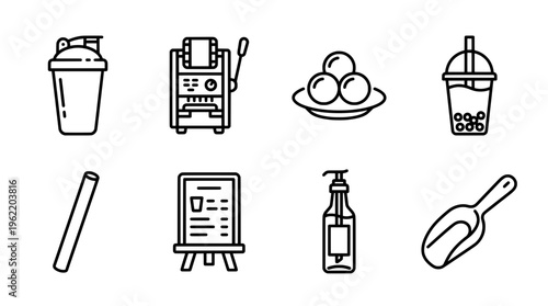 Line art beverage icons shaker sealer tapioca balls bubble tea straw