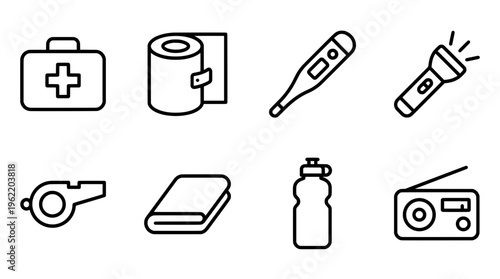Medical and emergency icons set first aid kit bandage thermometer flashlight