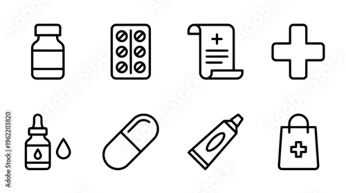 Medical icons and symbols in a linear style set for healthcare visuals