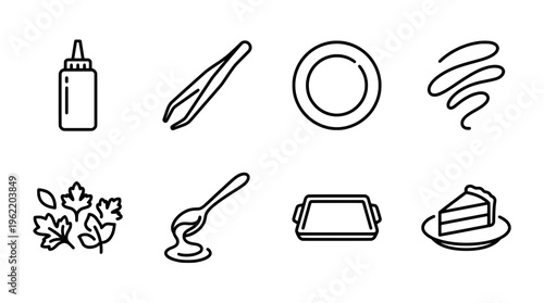 Minimalist cooking utensils and food icon set isolated on white background