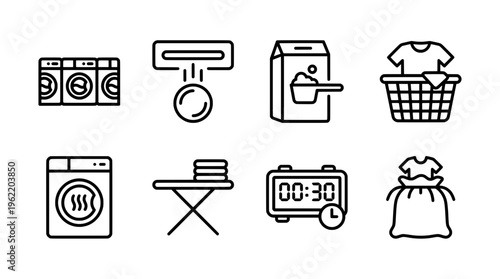 Laundry icons washing machines detergent ironing timer clean clothes