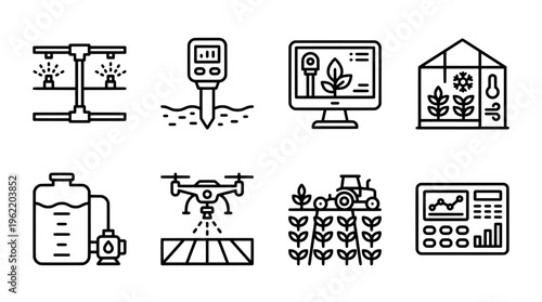 Modern agriculture technologies irrigation monitoring and harvesting illustrations