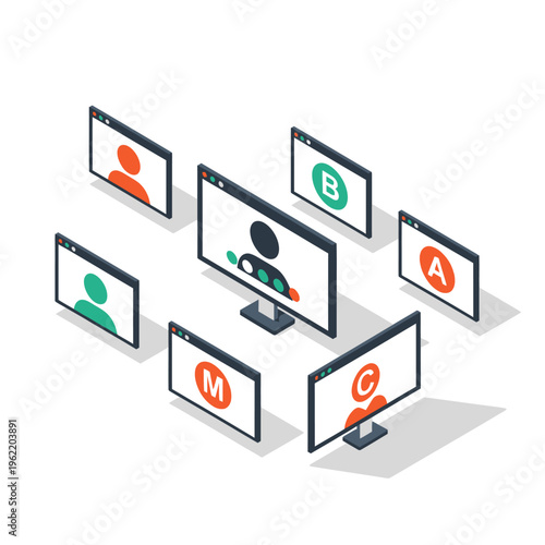 Isometric view of a virtual meeting concept, showcasing multiple computer screens with user avatars engaged in an online video conference call for remote collaboration