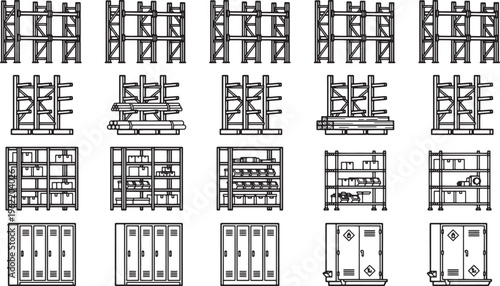 An assortment of storage shelves, ideal for illustrating warehouse organization.