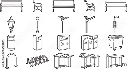 A collection of urban elements depicted in simple line art, ideal for illustrating city planning or design concepts, a graphic resource offering versatile visual elements.