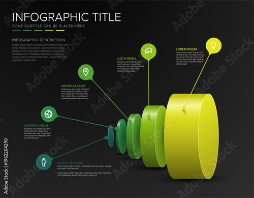 This modern 3D infographic features five green cylinders for data visualization. Use this infographic to present a professional business process with a clear infographic layout.
