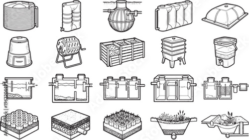 A collection of technical drawings and schematics of various wastewater treatment components and systems, depicting complex engineering concepts.