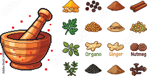 Mortar and pestle with Indian spices herbs and masala ingredients pixel style vector illustration isolated on white background