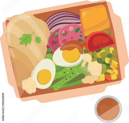 Healthy Bento Box with Steamed Chicken Breast, Dressing Sauce and Mixed Vegetables - Top View Illustration