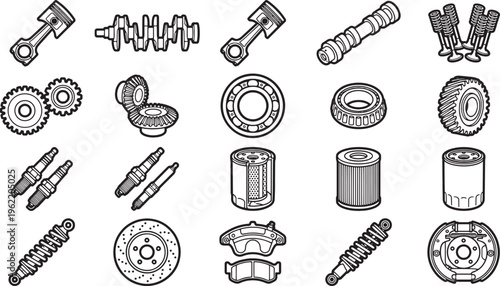 A set of various car parts isolated on a solid color backdrop in a detailed and technical depiction.