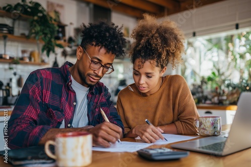Young diverse couple reviewing monthly budget and financial papers at home