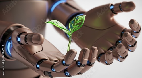 Robot hand holding green plant sprout.