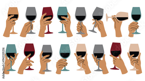 Collection of hands holding wine glasses, colored illustration, isolated on white.